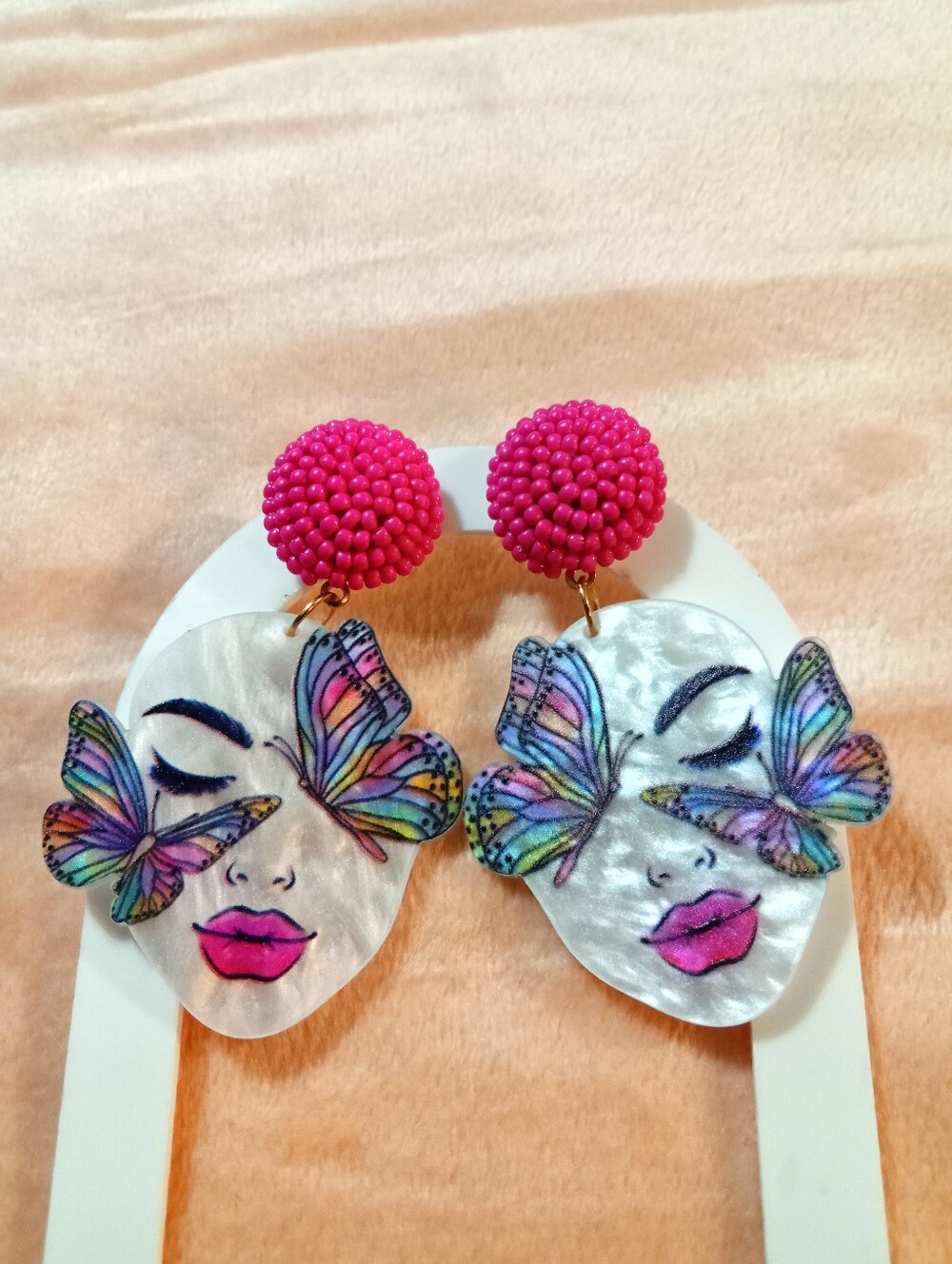 Butterfly Face Drop Earrings - Hot Pink